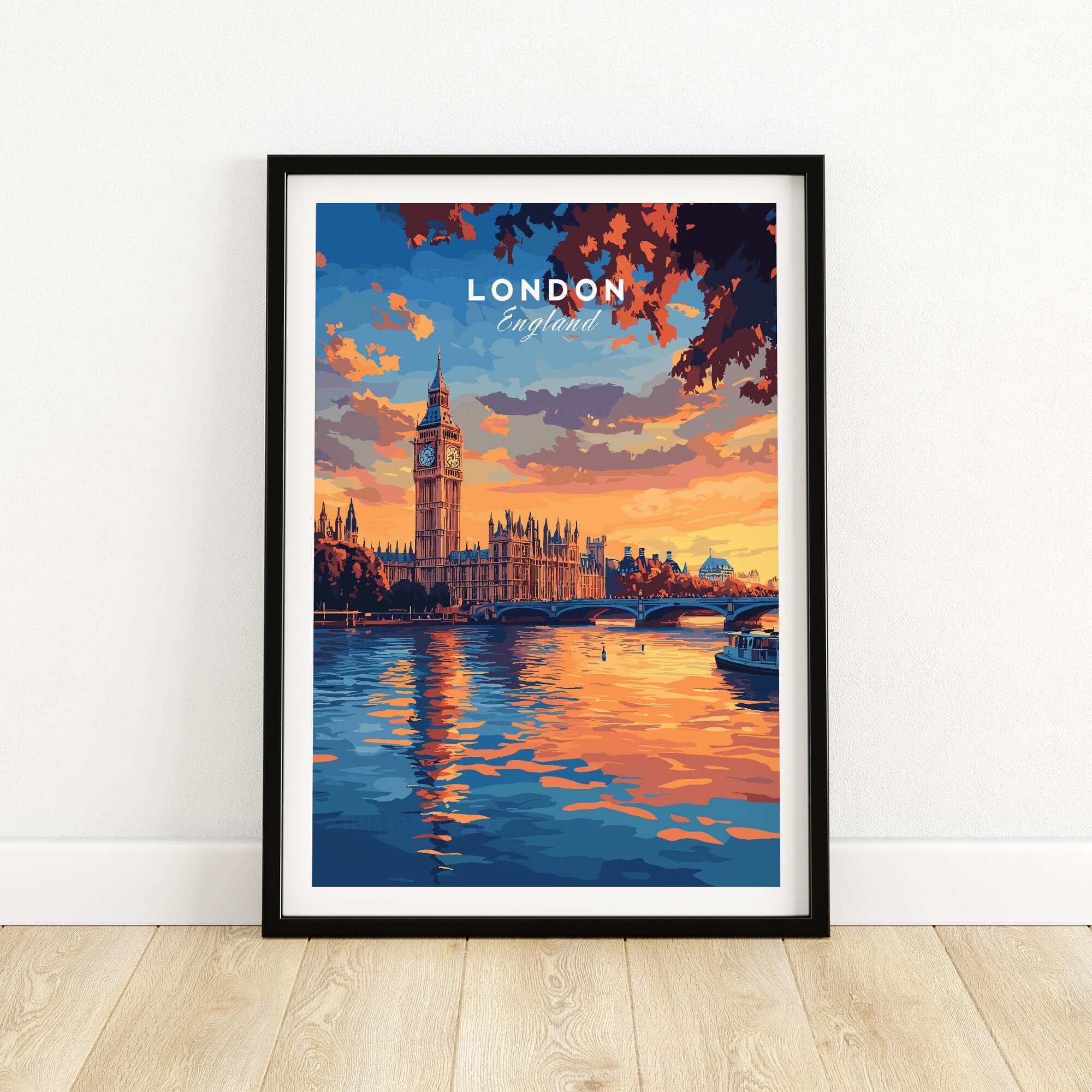 Big Ben London Art Print | Westminster Palace Poster showcasing iconic skyline at sunset.