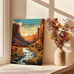 Big Bend National Park travel poster on canvas with sunset canyon scene, displayed by window with vase of dried flowers