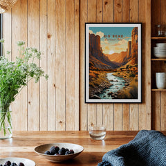 Big Bend National Park framed art print in kitchen, rustic wood wall, river landscape poster