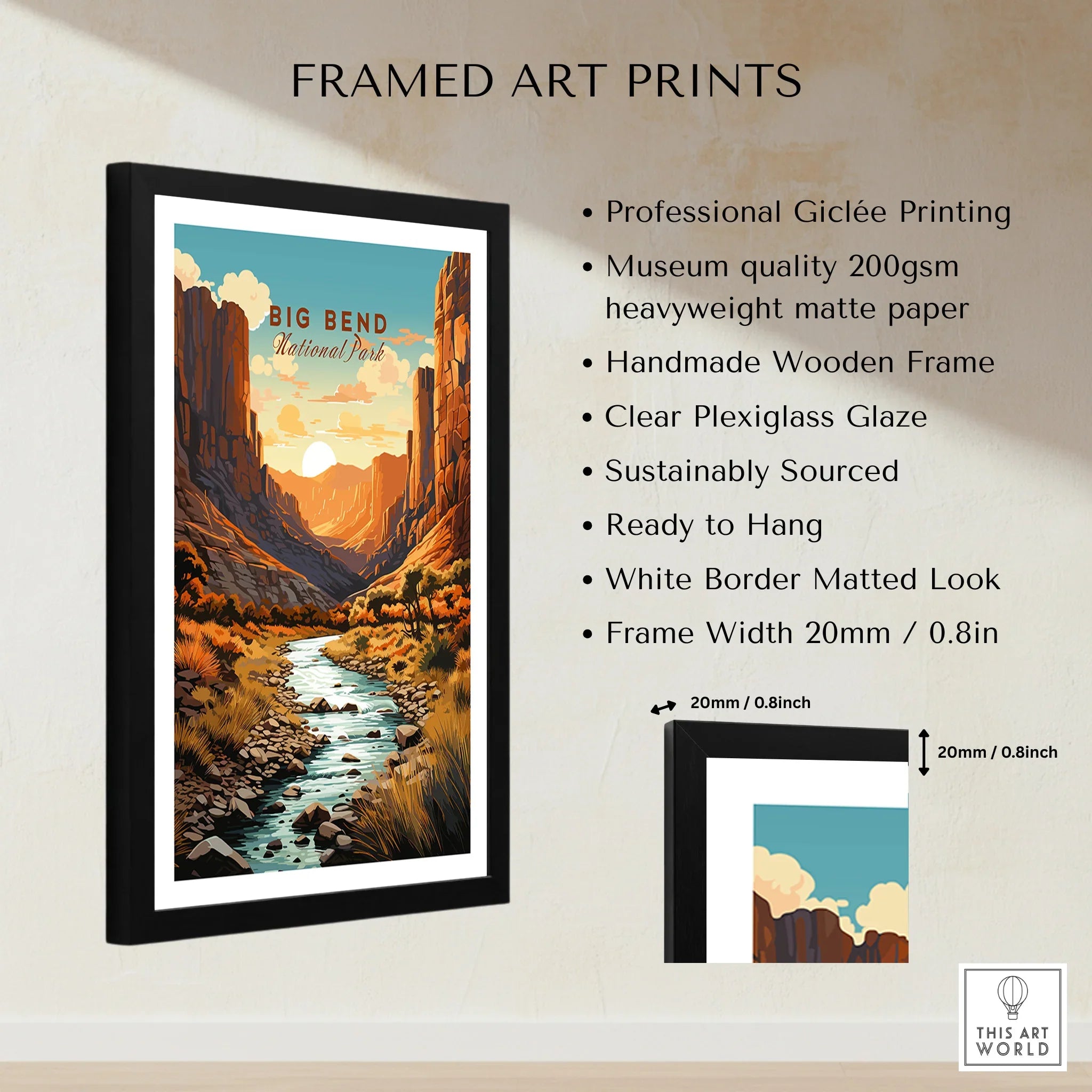 Framed Big Bend National Park print with matte border, wooden frame, and product details