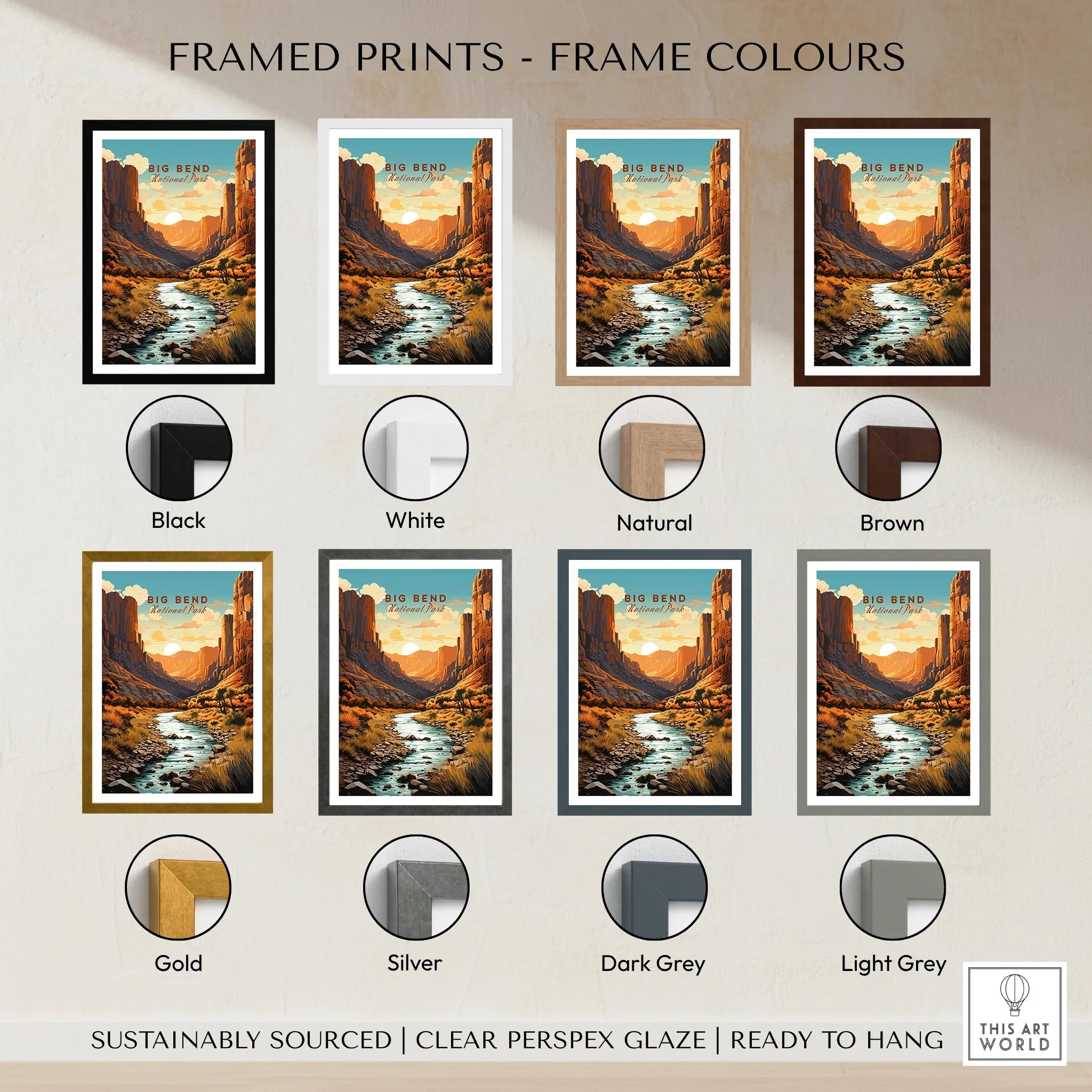 Big Bend National Park framed print in eight frame color options, scenic travel art poster