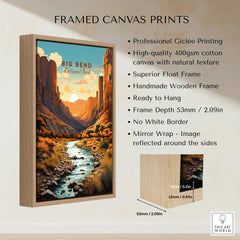Big Bend National Park framed canvas print with wooden float frame and detailed river landscape.