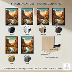 Big Bend National Park travel poster wall art in six different frame colors, float frame canvas style.