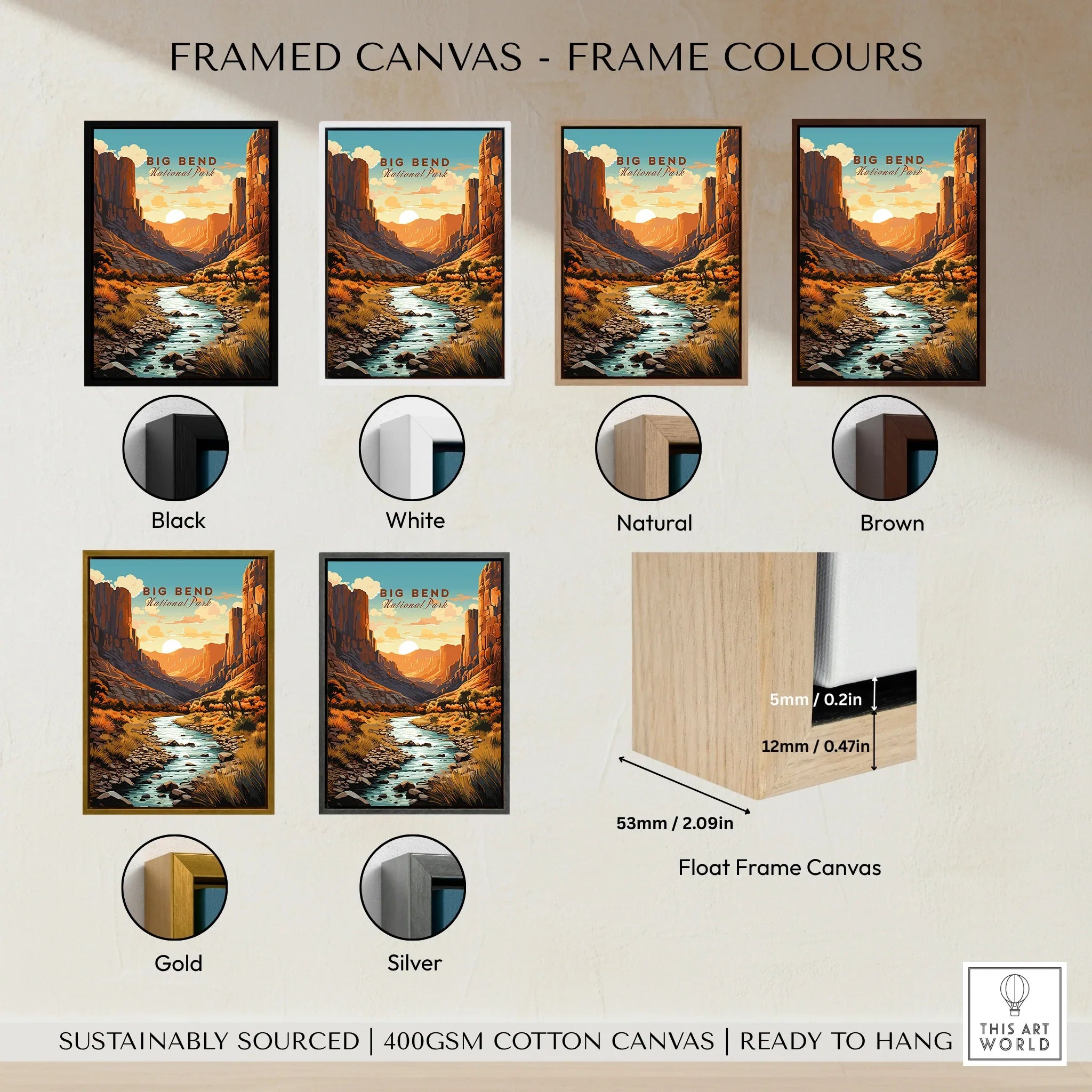 Big Bend National Park travel poster wall art in six different frame colors, float frame canvas style.