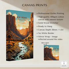 Big Bend National Park canvas print, landscape wall art with river and canyon at sunset