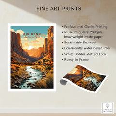 Big Bend National Park fine art print with river, canyon sunset, and white border, unframed.