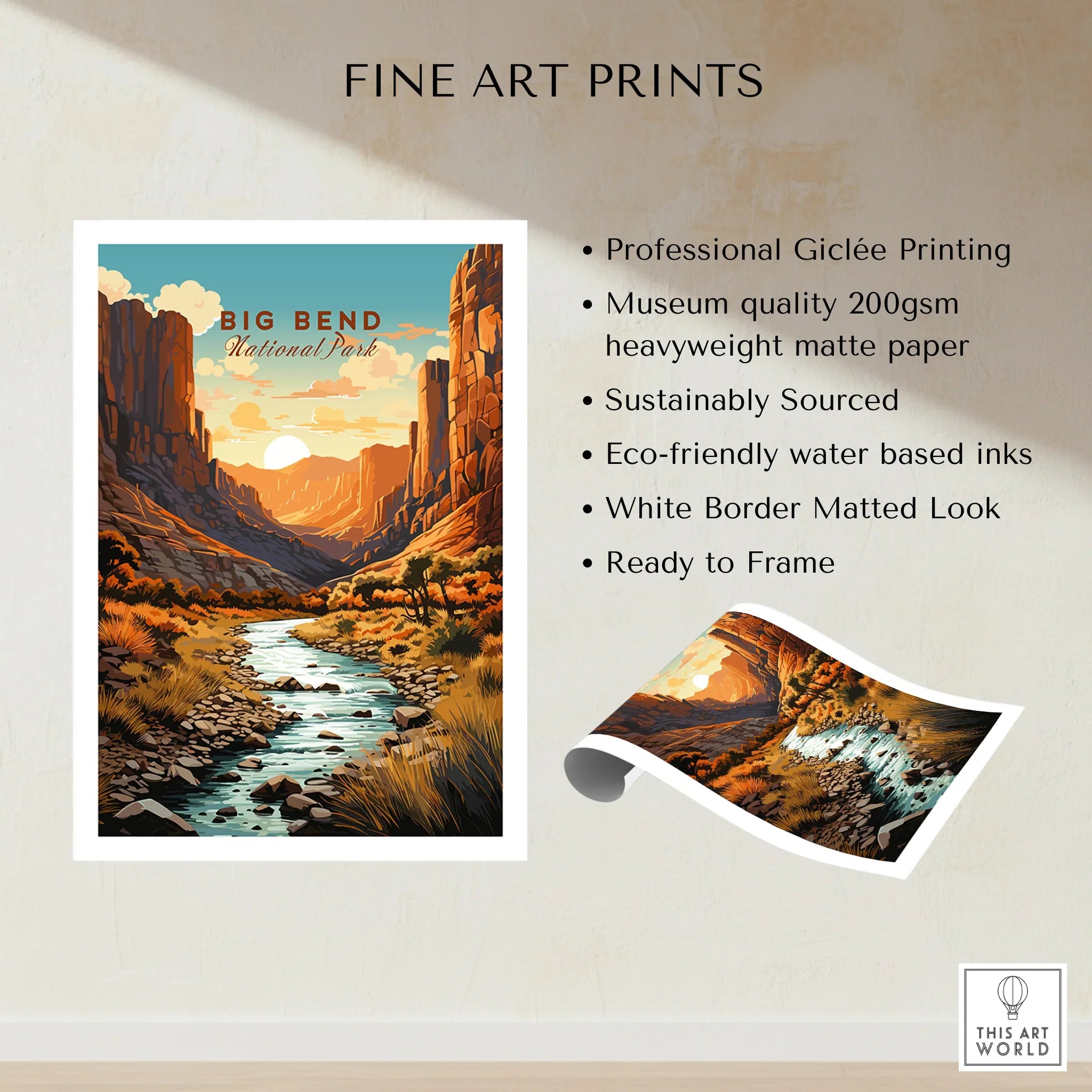 Big Bend National Park fine art print with river, canyon sunset, and white border, unframed.