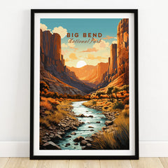 Big Bend National Park art print in black frame, river landscape at sunset on wooden floor