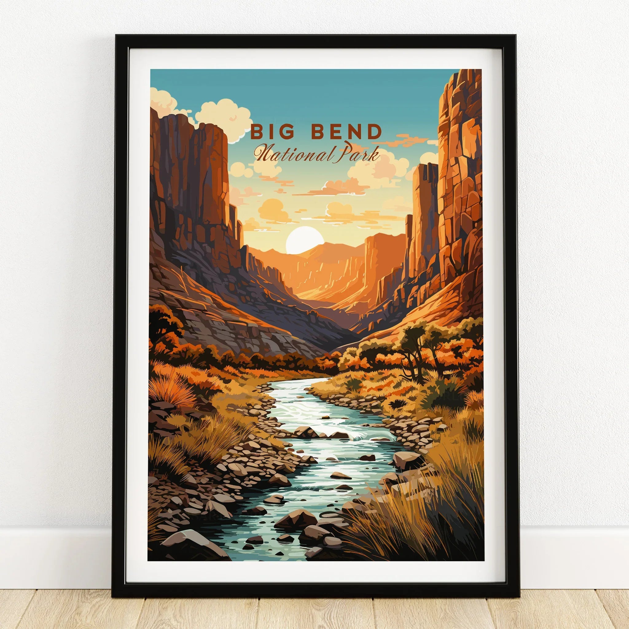 Big Bend National Park art print in black frame, river landscape at sunset on wooden floor
