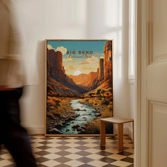 Big Bend National Park travel poster framed on floor in modern home hallway with man walking past