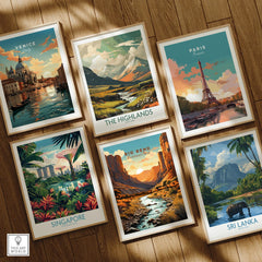 Set of six framed travel prints featuring Venice, The Highlands, Paris, Singapore, Big Bend, Sri Lanka on wooden floor.