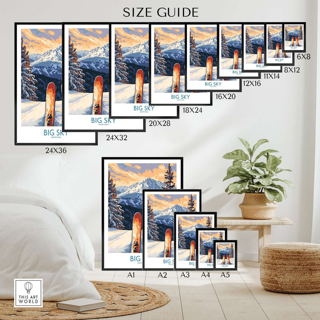 Size guide for Big Sky Art Print - Skiing Poster, showcasing various frame sizes and dimensions for optimal display.