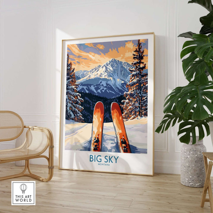 Big Sky Art Print showcasing skis in snow with mountain backdrop, perfect for ski enthusiasts and home decor.