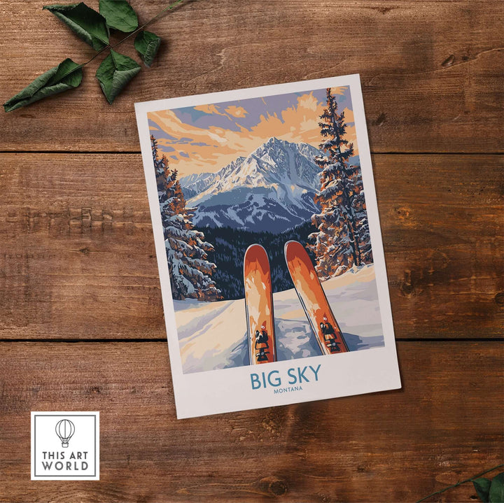 Big Sky Art Print featuring skis and mountains, capturing the beauty of skiing in Montana. Perfect for ski lovers.