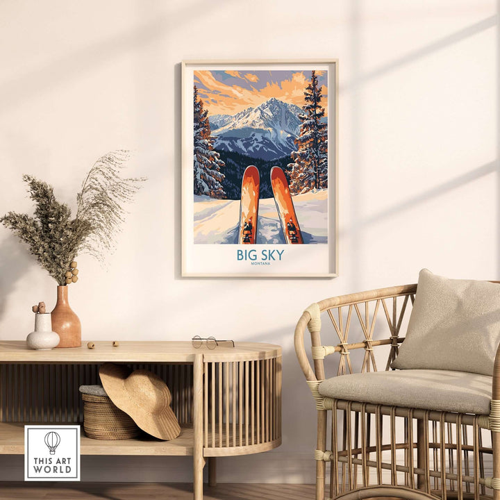 Big Sky Art Print featuring ski poles and snowy mountains in a stylish room setting, perfect for ski enthusiasts.