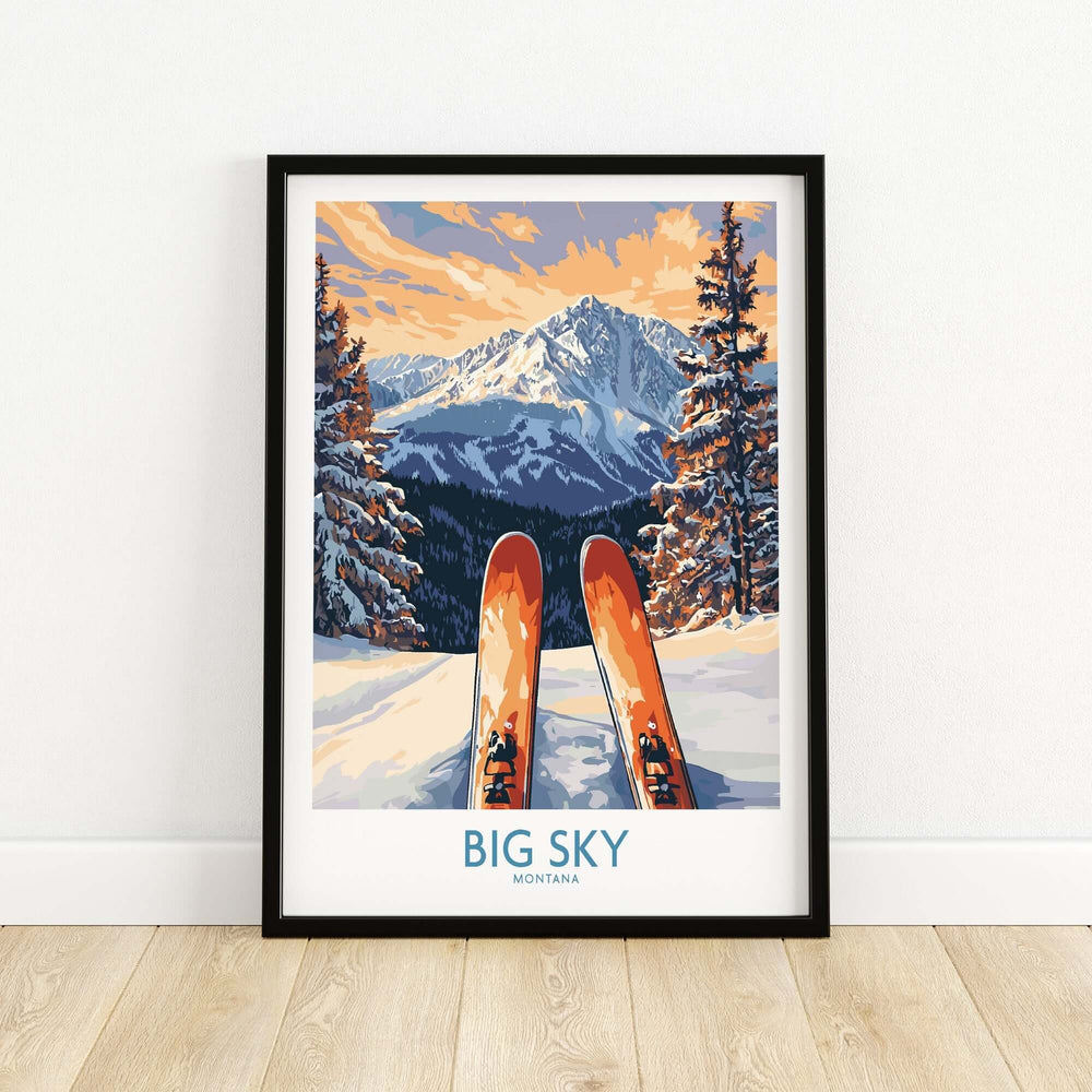 Big Sky skiing art print featuring orange skis and majestic mountain scenery, perfect for inspiring adventure at home.