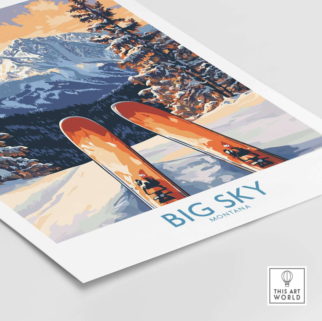 Big Sky Art Print featuring ski equipment against a stunning mountain backdrop in Montana, perfect for ski enthusiasts.