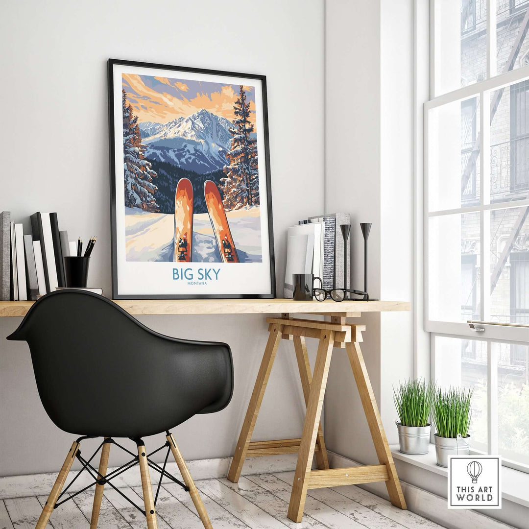 Big Sky art print featuring ski gear in a modern workspace, capturing the thrill of skiing on majestic mountain slopes.