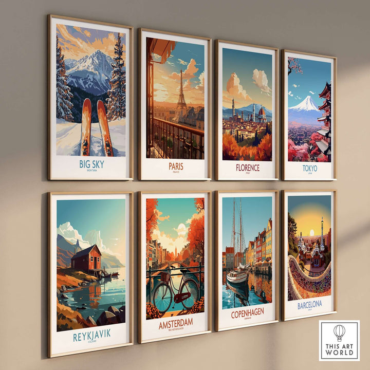 Set of travel art prints featuring Big Sky, Paris, Florence, Tokyo, Reykjavik, Amsterdam, Copenhagen, and Barcelona.