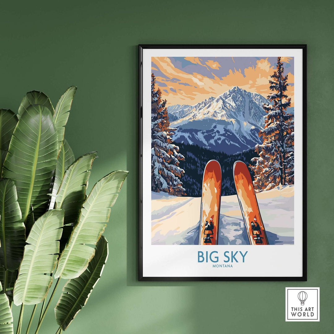 Big Sky Art Print featuring skiis against a snowy mountain backdrop, perfect for ski enthusiasts and home decor.