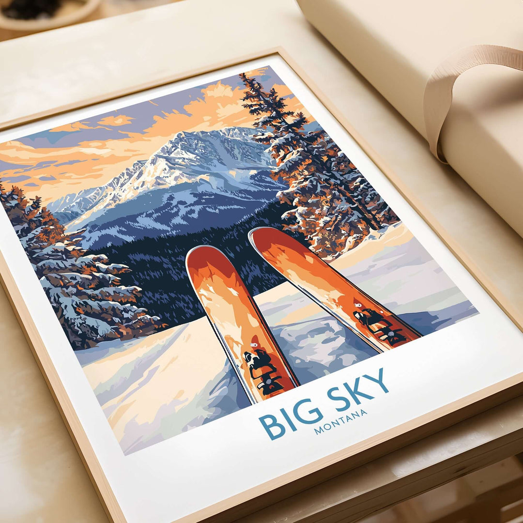 Big Sky Art Print featuring scenic skiing landscape, capturing the thrill of winter sports in Montana's majestic mountains.