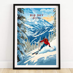 Big Sky Ski Print showcasing a skier in vibrant mountains and snow, perfect for ski enthusiasts.