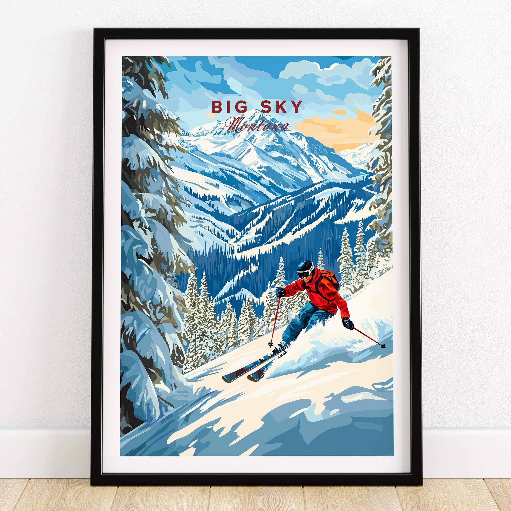 Big Sky Ski Print showcasing a skier in vibrant mountains and snow, perfect for ski enthusiasts.
