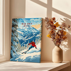 Big Sky Ski Print showcasing a skier navigating snowy mountains, perfect for home or office decor.