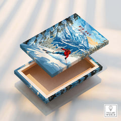 Big Sky Ski Print on a decorative box design featuring a skier in snowy mountains.