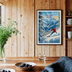 Big Sky Ski Print featuring a skier on a snowy slope with mountains in the background, ideal for home decor.