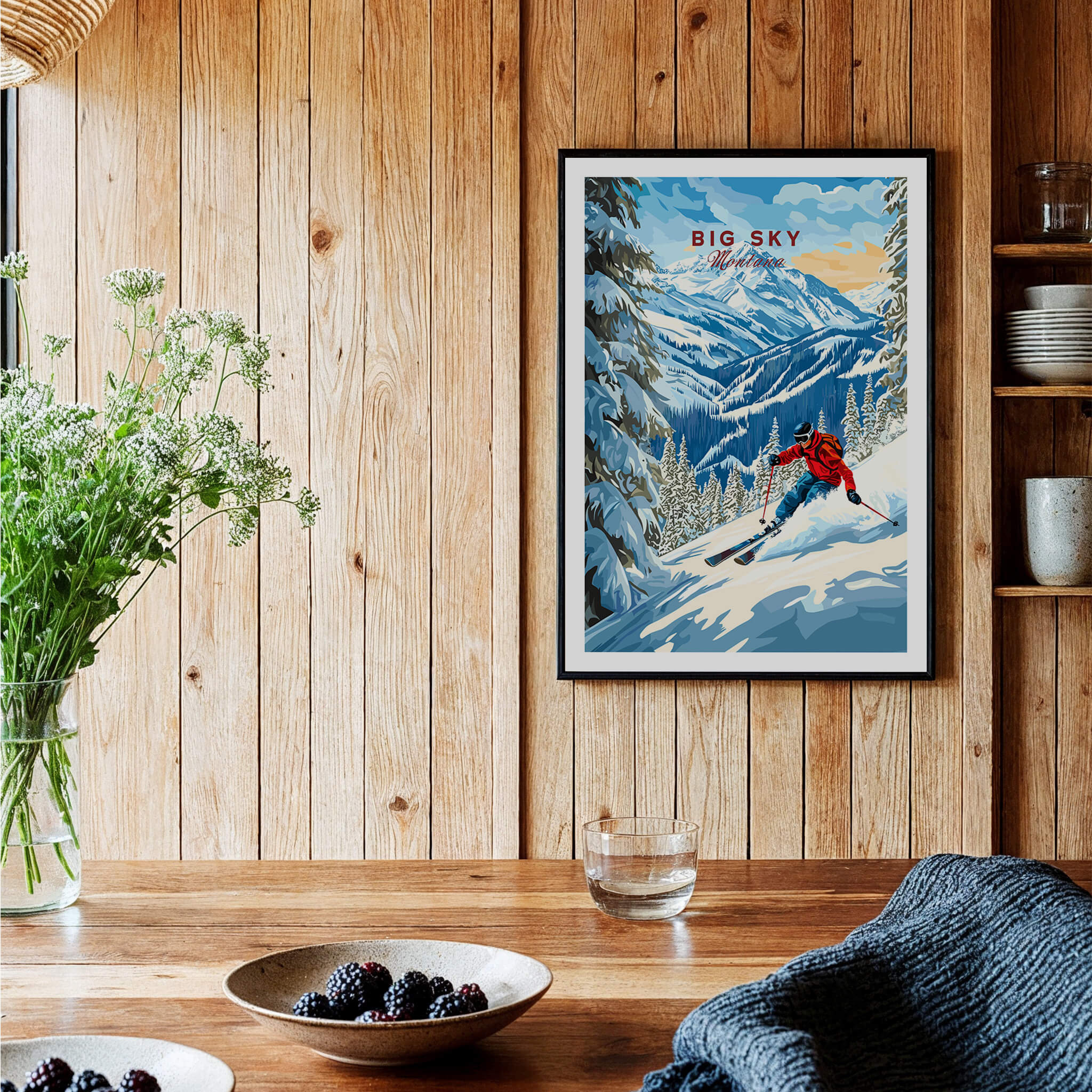 Big Sky Ski Print featuring a skier on a snowy slope with mountains in the background, ideal for home decor.