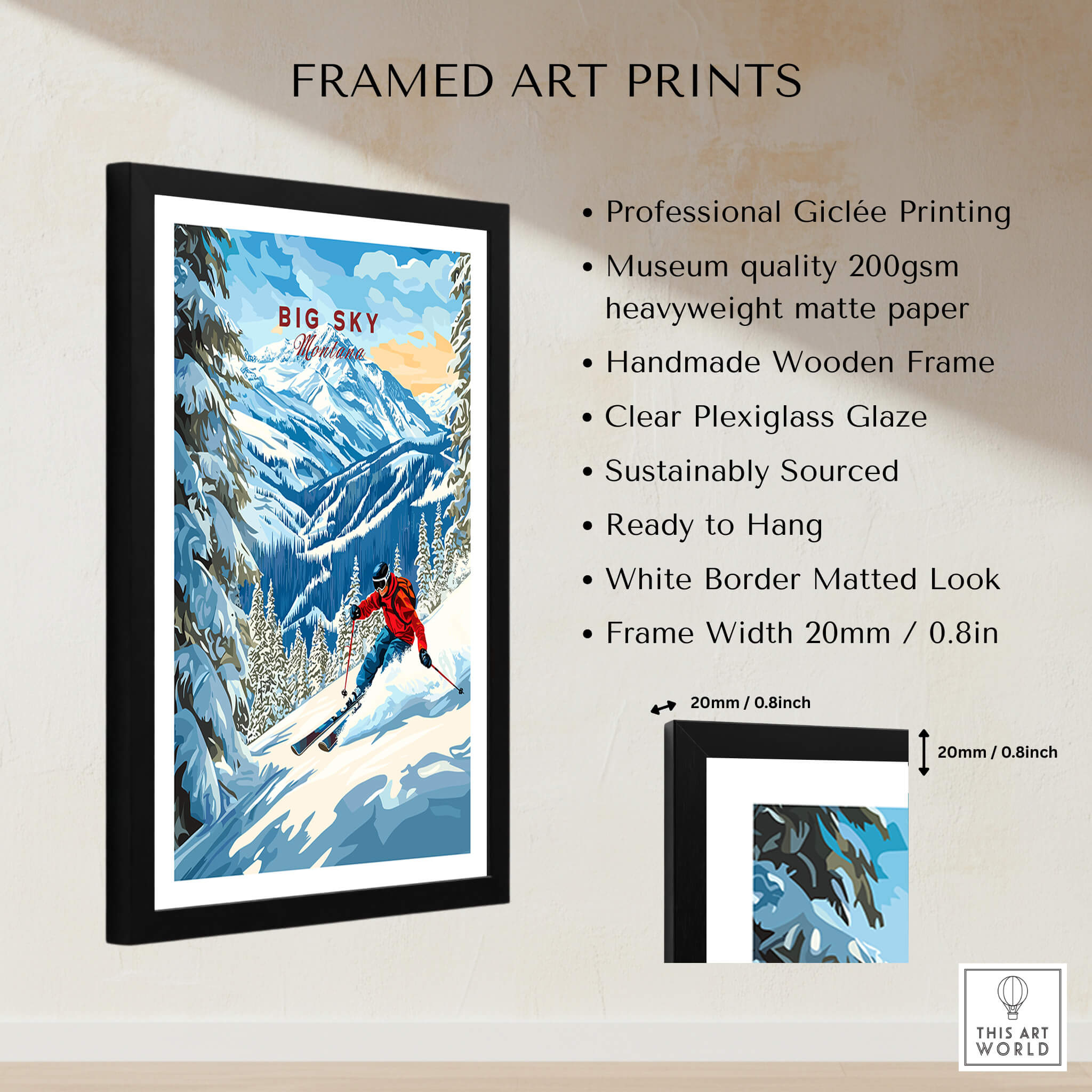 Big Sky Ski Print featuring a skier on snowy slopes in a stylish framed art print.