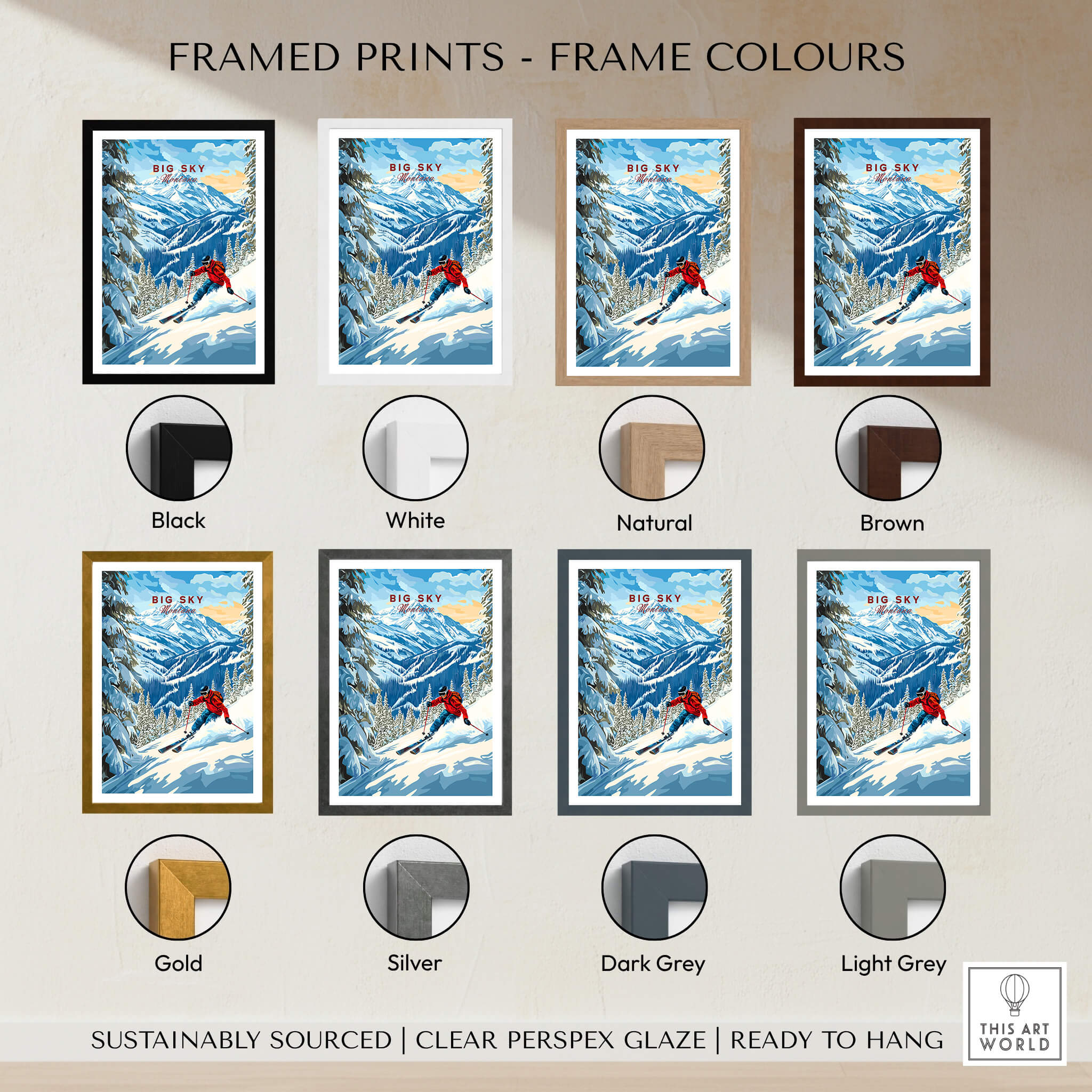 Various frame colors for the Big Sky Ski Print showcasing sustainable, ready-to-hang options.