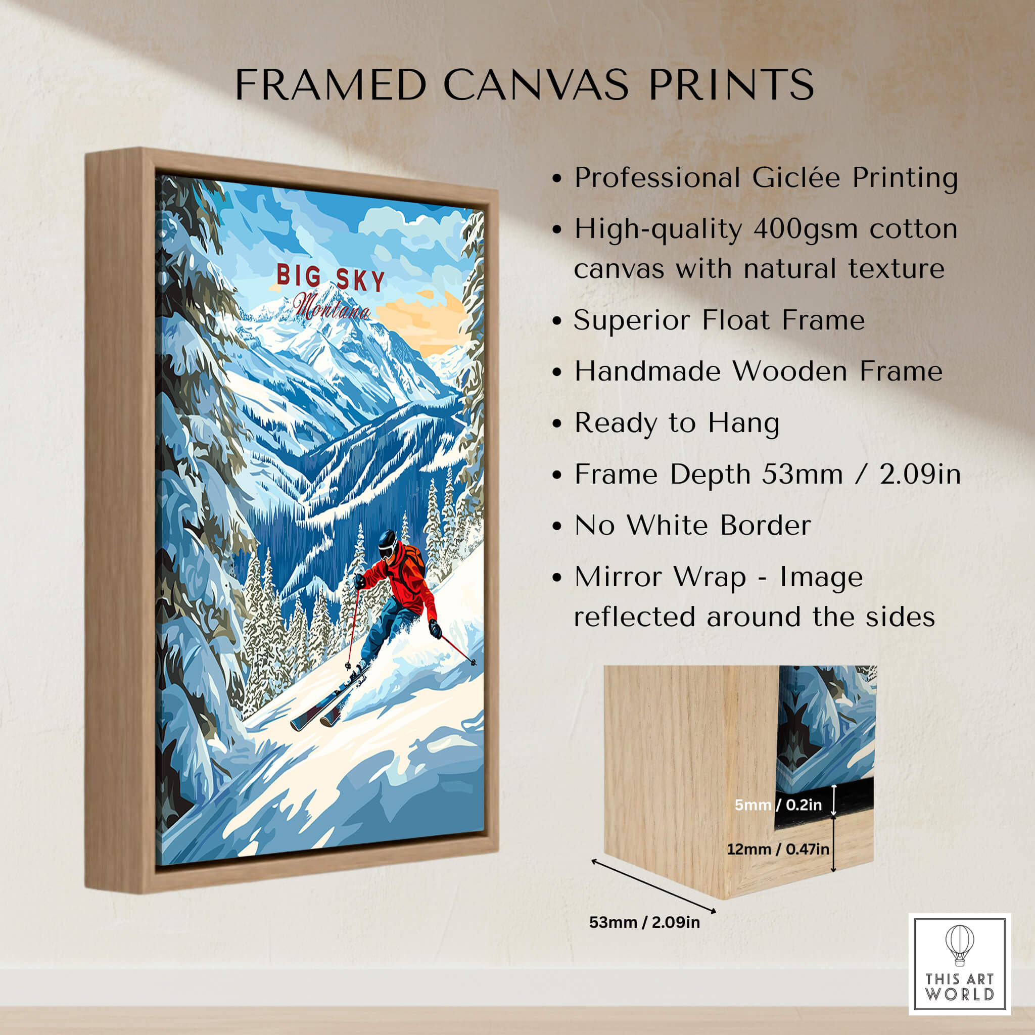 Big Sky Ski Print framed canvas with professional Giclée printing and handmade wooden frame.