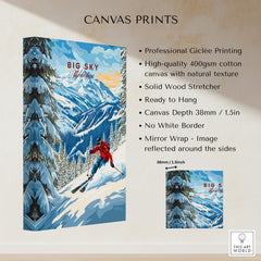 Big Sky Ski Print featuring a skier in a stunning snow-covered mountain landscape on high-quality canvas.