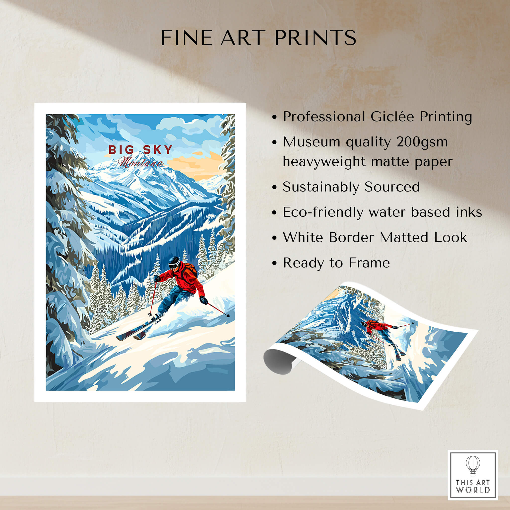 Big Sky Ski Print featuring a skier in a winter landscape, perfect for home or office decor.