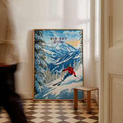 Big Sky Ski Print showcasing a skier on snow-covered mountains, perfect for home or office decor.