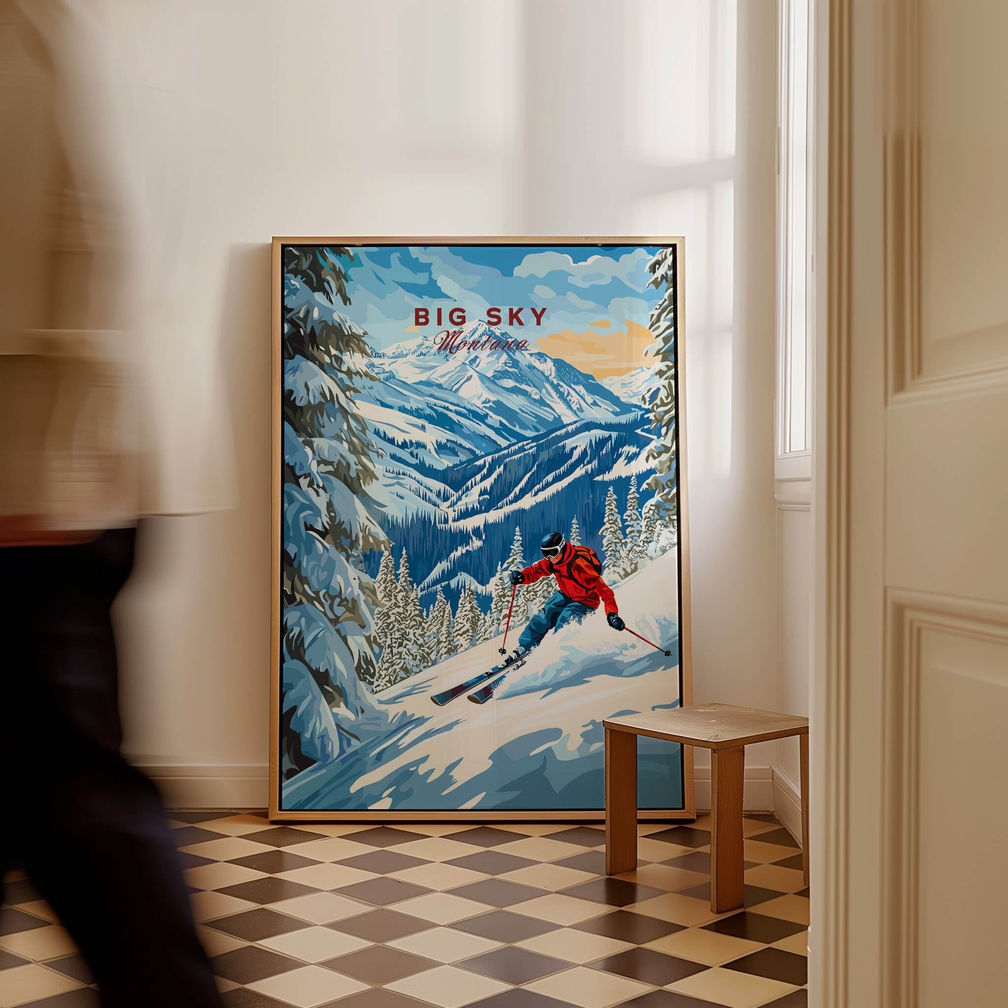 Big Sky Ski Print showcasing a skier on snow-covered mountains, perfect for home or office decor.