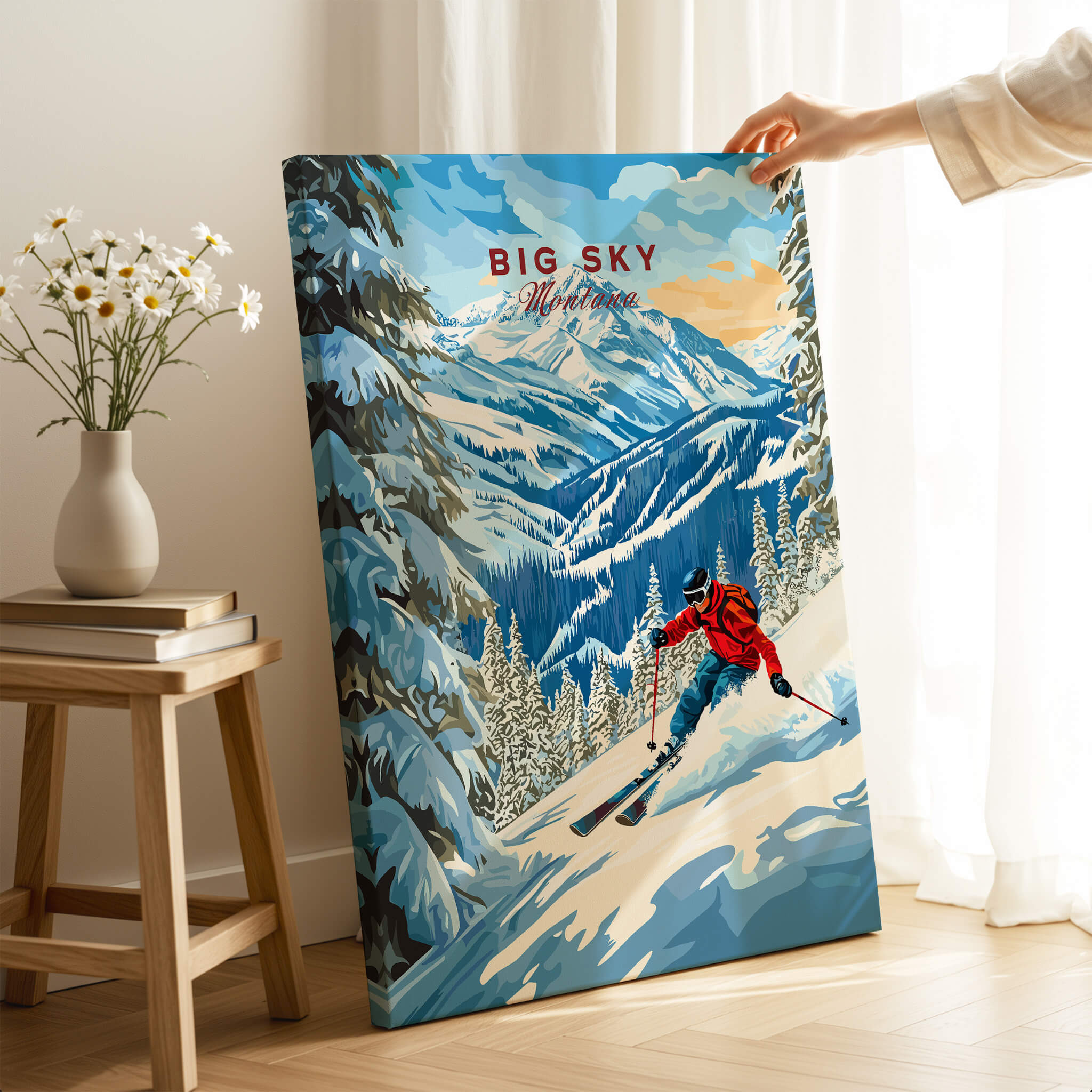 Big Sky Ski Print showcasing a skier on snow-covered mountains, perfect for home or office decor.
