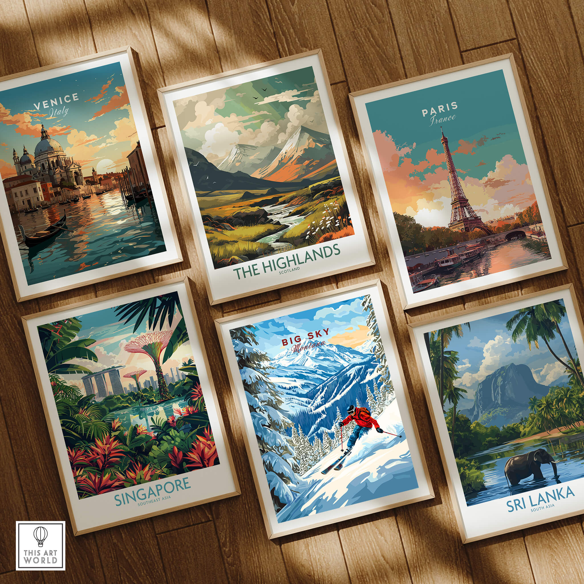 Big Sky Ski Print surrounded by travel-themed prints of Venice, The Highlands, Paris, Singapore, and Sri Lanka.