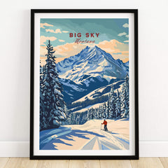 Big Sky Wall Art featuring a snowy mountain landscape and a skier in Big Sky, Montana.