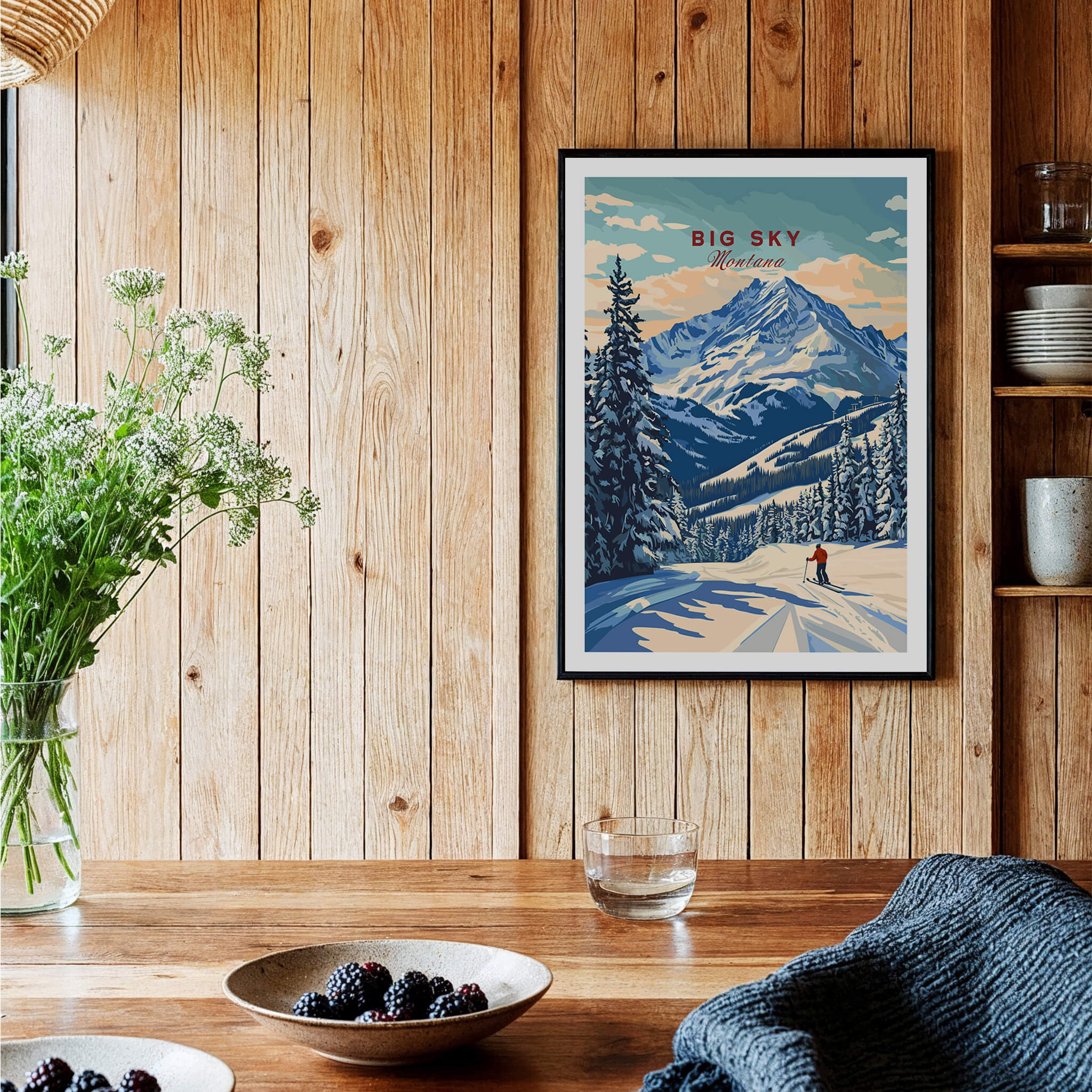 Big Sky Wall Art displayed in a cozy room, showcasing a snowy mountain landscape and enhancing home decor.