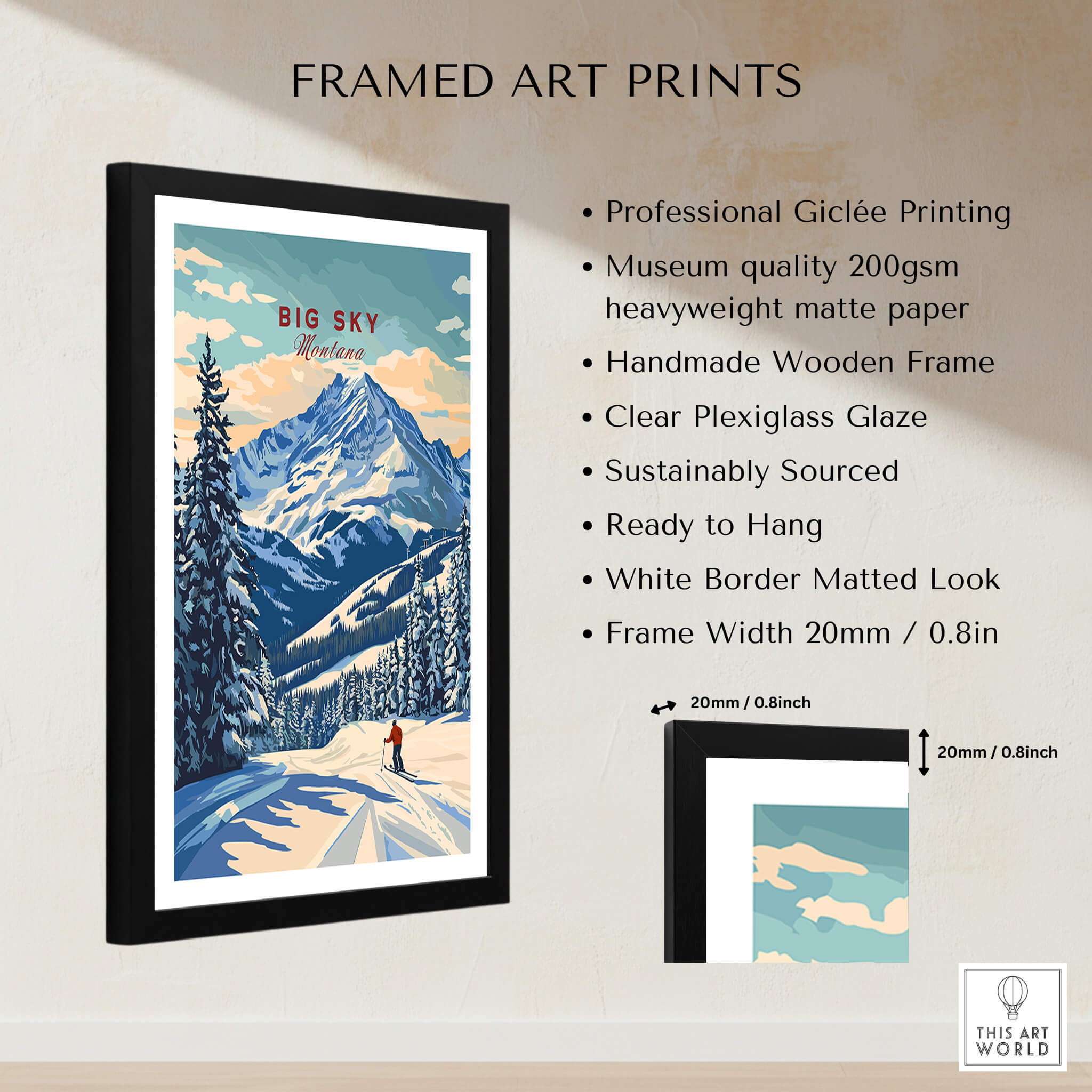 Big Sky Wall Art framed print featuring snowy mountains and trees with professional giclée printing and matte finish.