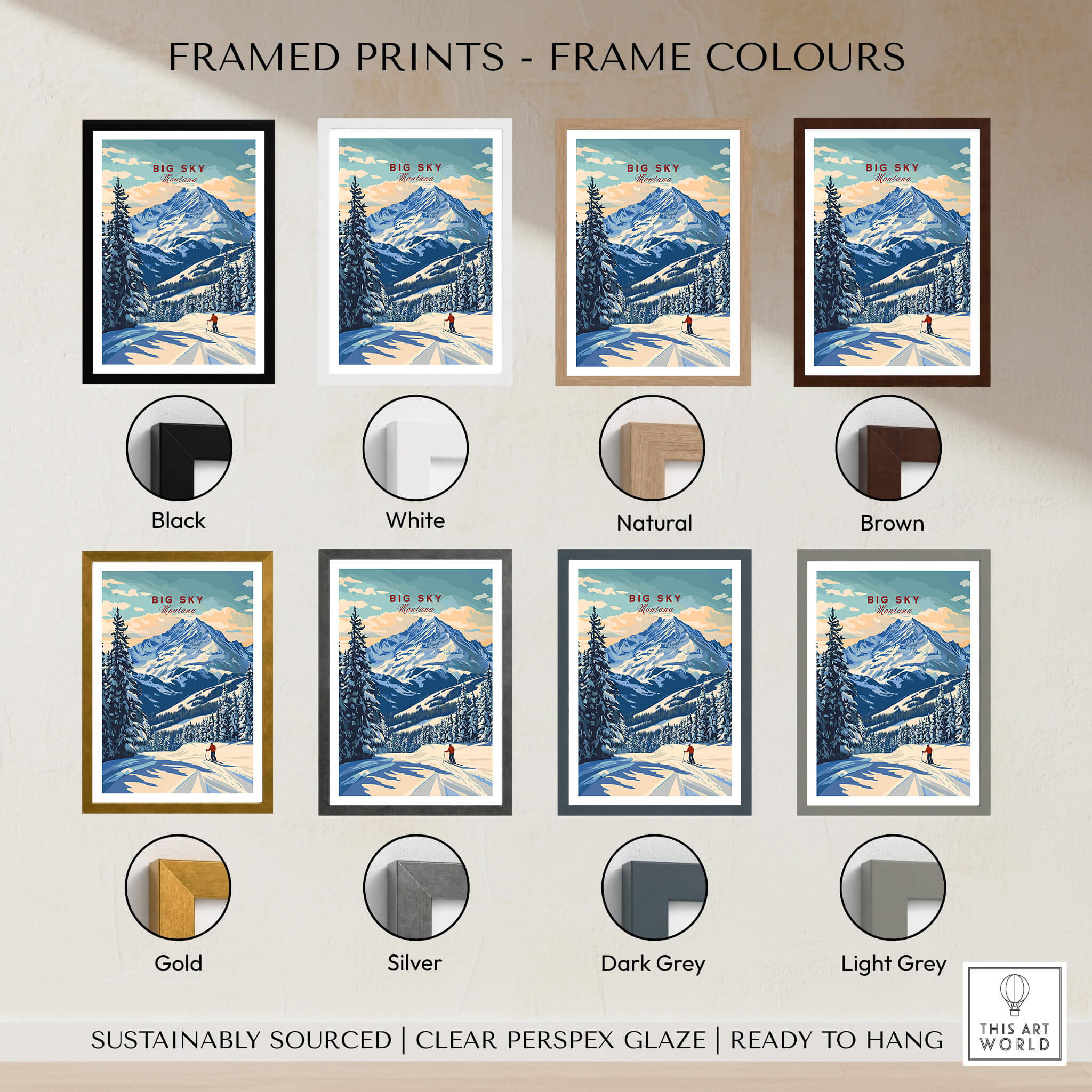 Framed prints of Big Sky Wall Art in various frame colors including black, white, natural, brown, gold, silver, dark grey, and light grey.