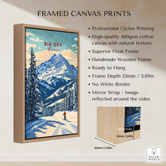 Framed Big Sky Wall Art featuring mountains and a skier, showcasing professional Giclée printing and a natural wooden frame.