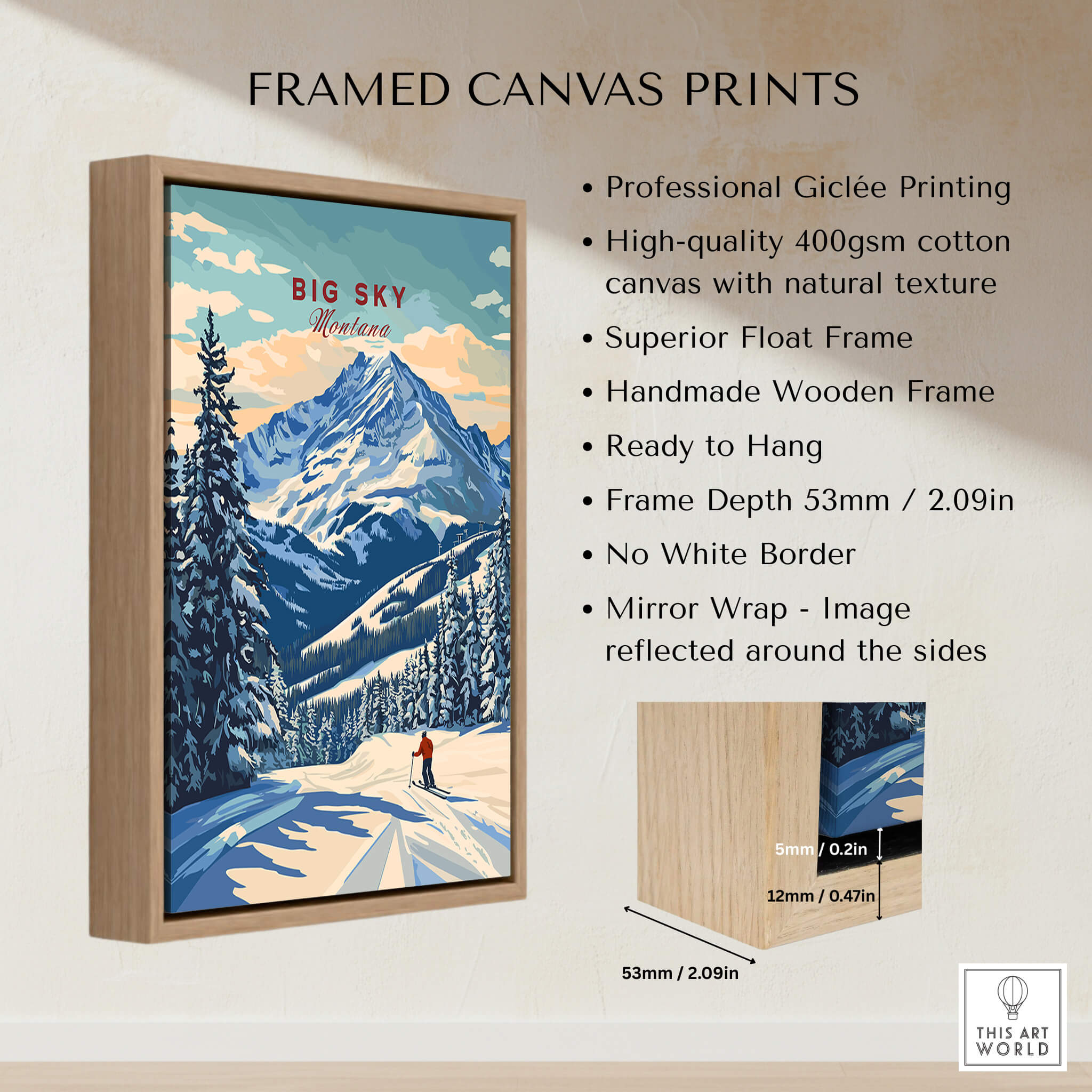 Framed Big Sky Wall Art featuring mountains and a skier, showcasing professional Giclée printing and a natural wooden frame.