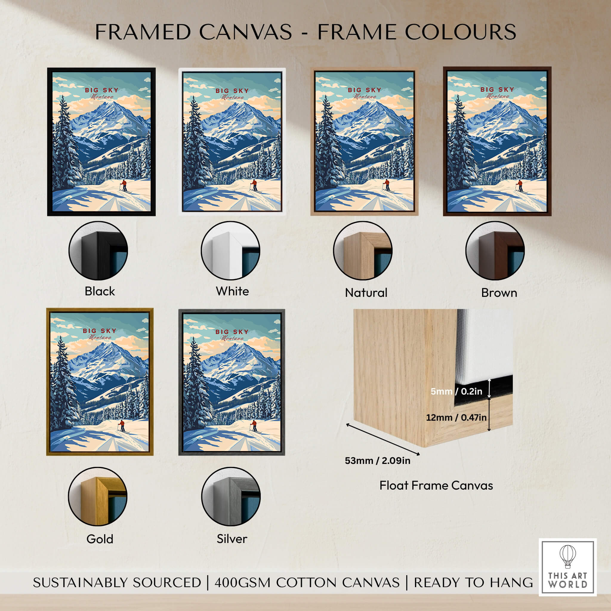 Different frame colors for Big Sky Wall Art including black, white, natural, brown, gold, and silver options.