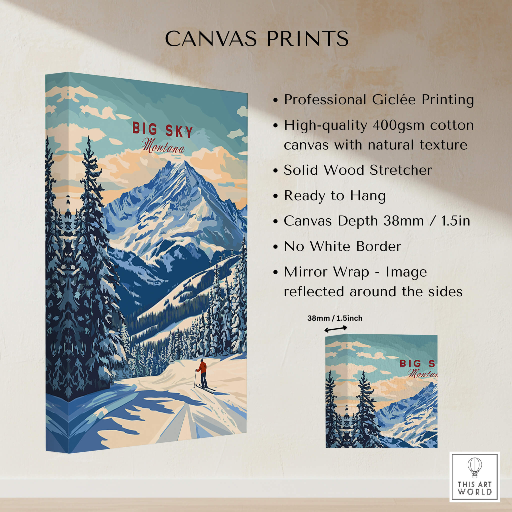 Big Sky Wall Art featuring mountain scenery and snowy landscape, professionally printed on high-quality canvas.