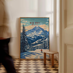 Big Sky Wall Art featuring a snow-covered mountain landscape and trees in a cozy room setting.