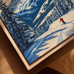 Big Sky Wall Art featuring a skier on a snowy mountain landscape surrounded by pine trees.